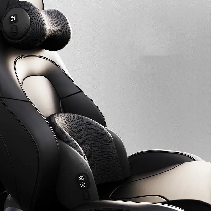 Car seat massage cushion and headrest set made from memory foam in a neutral colour.