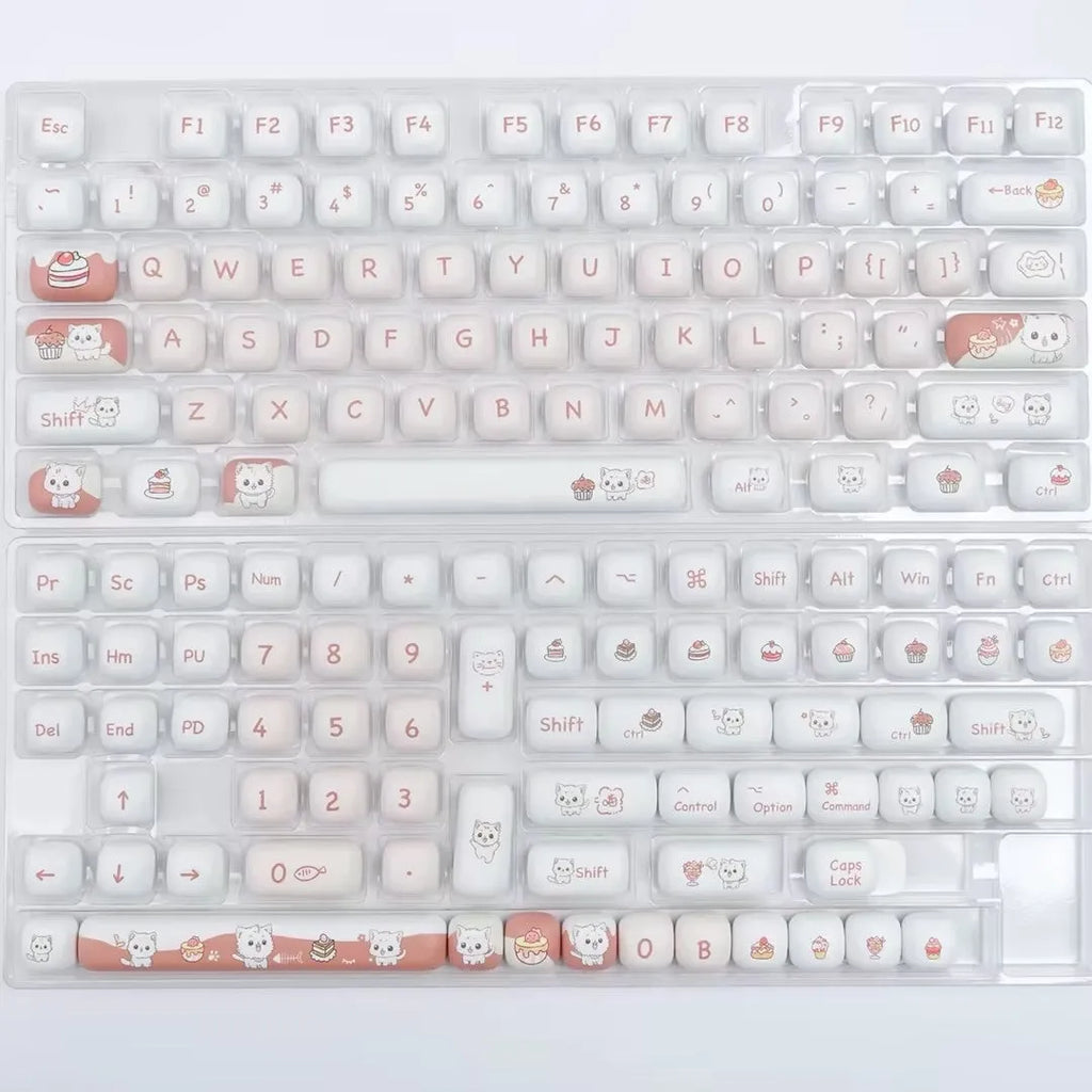 MOG round mechanical keyboard key caps with colourful sublimation print of cartoon cats and desserts.