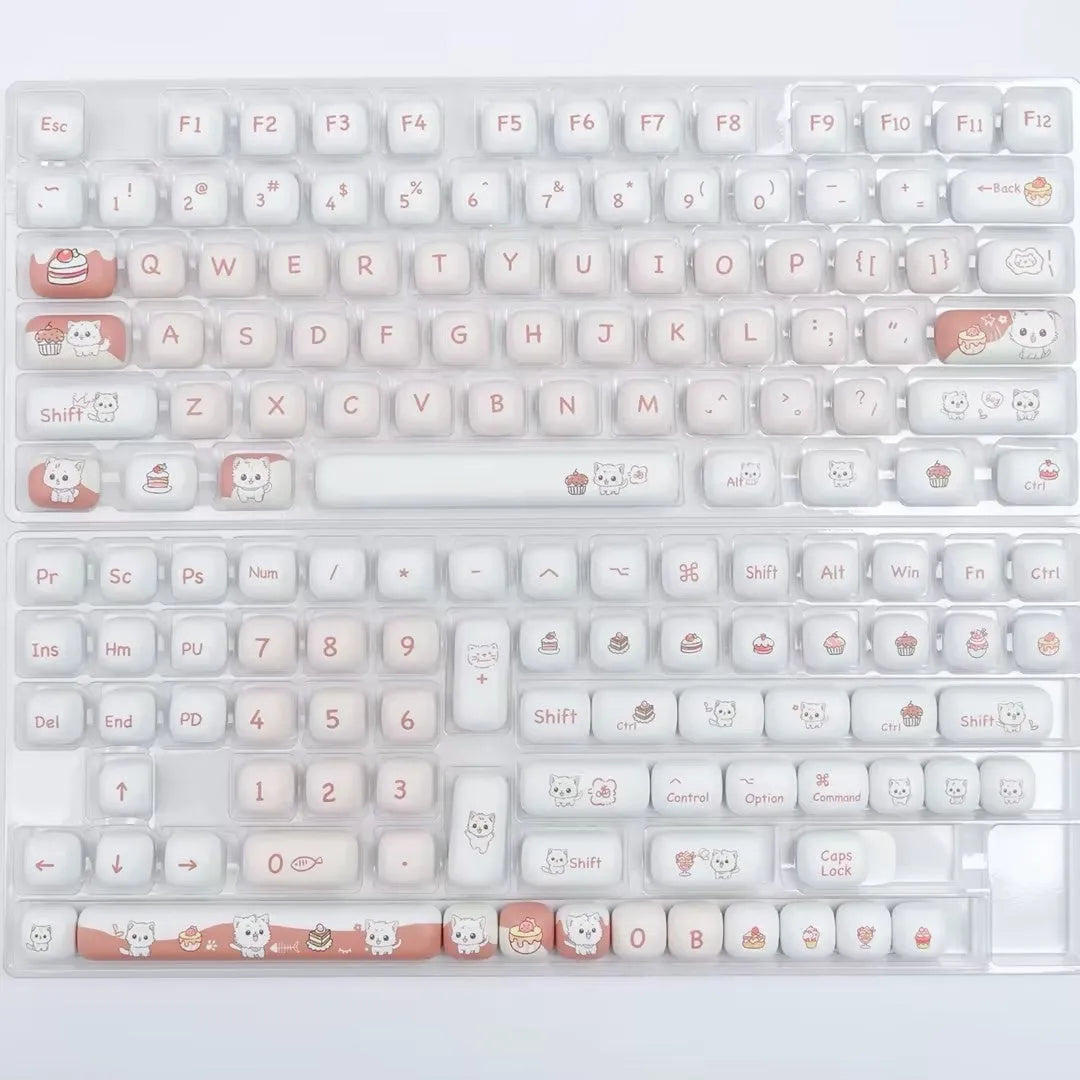 MOG round mechanical keyboard key caps with colourful sublimation print of cartoon cats and desserts.