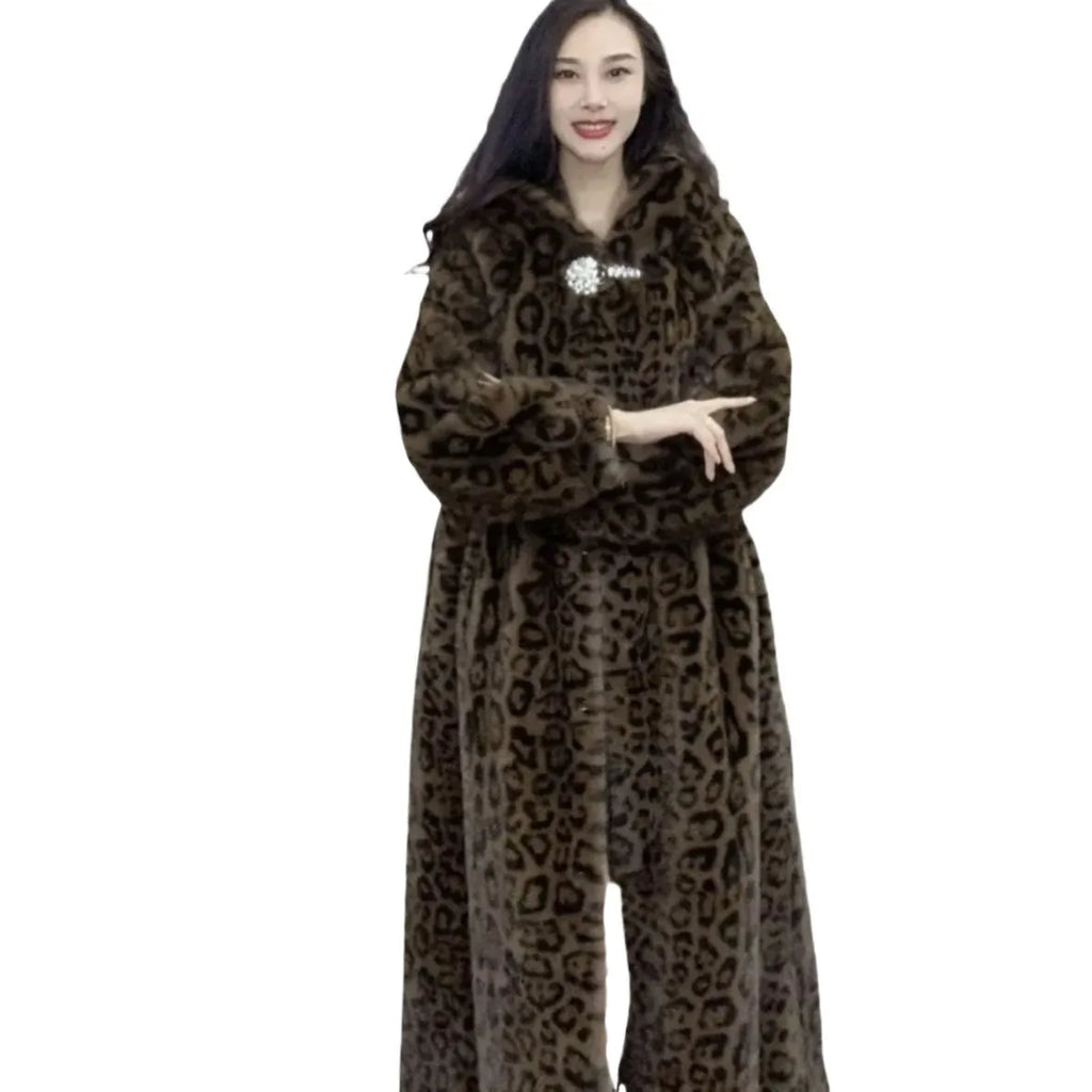 Brown leopard print plus size women's faux fur coat with 100cm length and regular sleeves