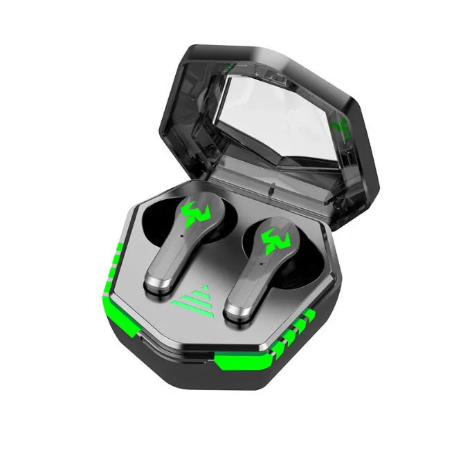 Black N35 wireless in-ear gaming Bluetooth headset shown with earplugs.