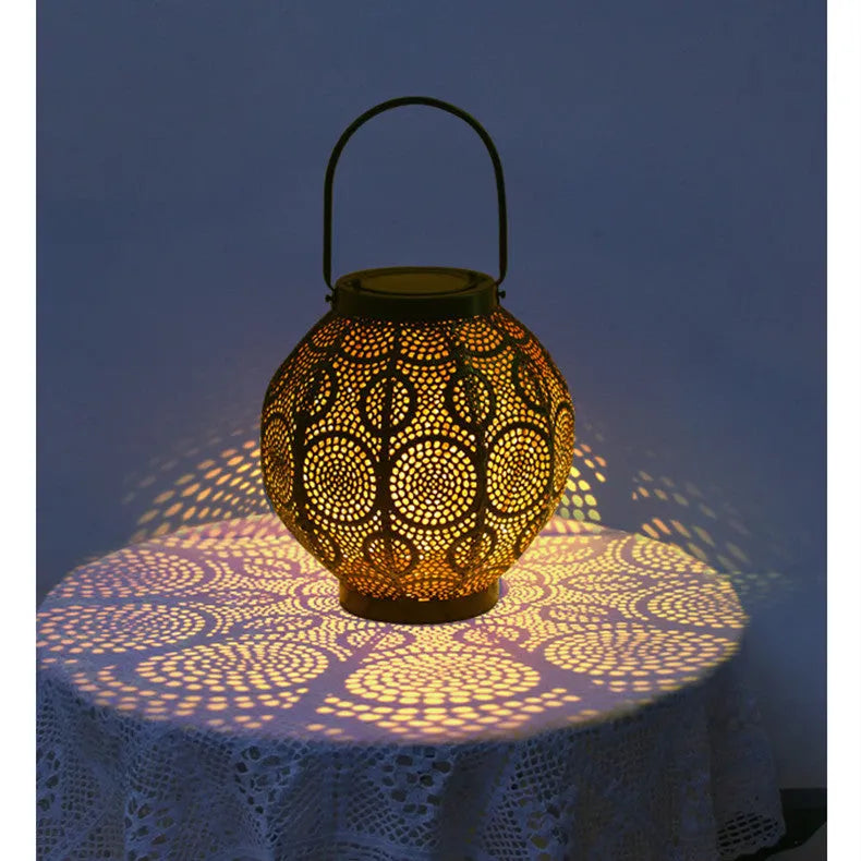 Solar-powered hollow decorative iron courtyard lamp with solar panel