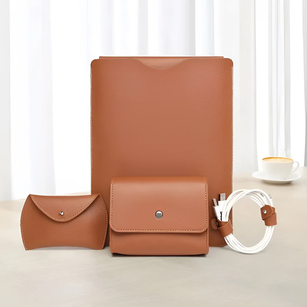 Set of four imitation leather protective covers for laptop edges in brown, gray, apricot, and light pink colours