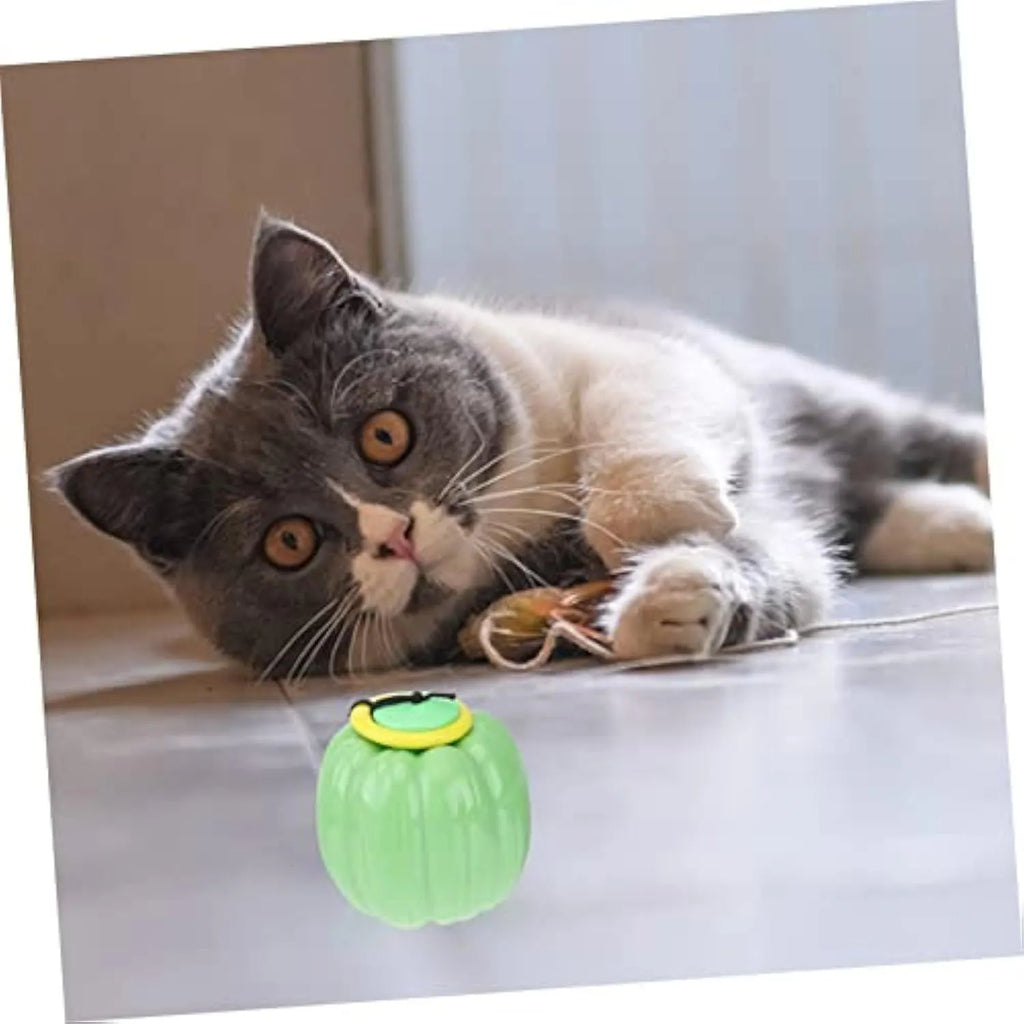 Green, orange, and yellow Halloween pumpkin-shaped dog ball toy with squeaker for small dogs.