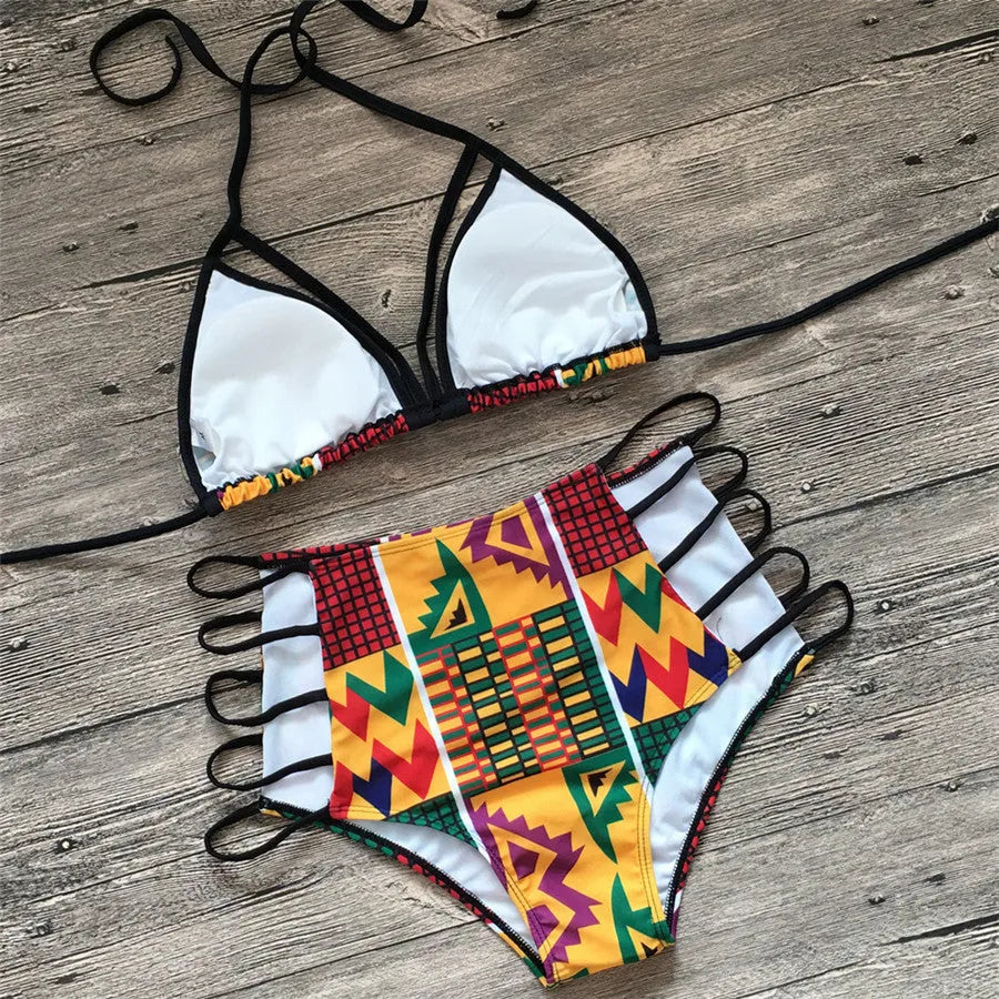 Women's high-waist bikini swimsuit with digital printing and backless design on a mannequin.