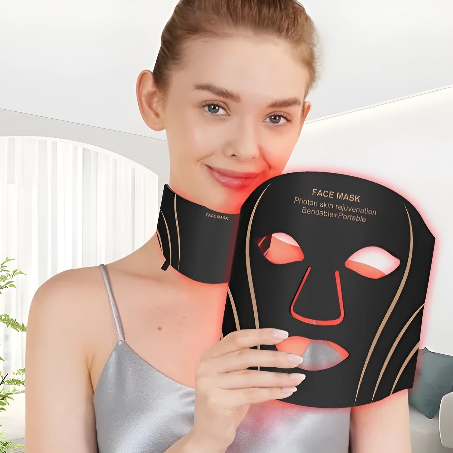 Black and gold silicone facial mask beauty device with headband and touch screen controls