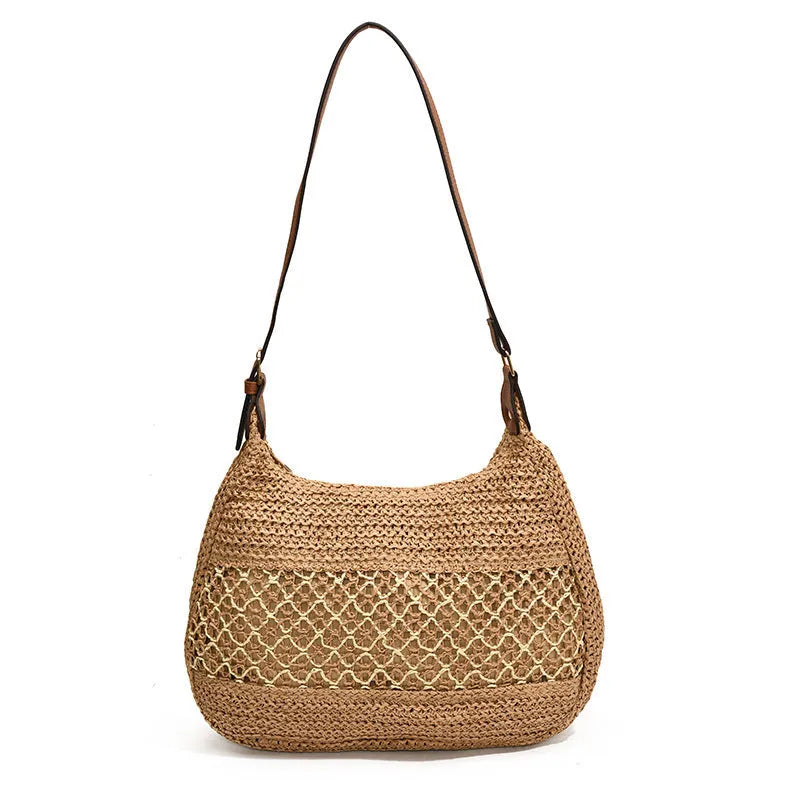 Women's straw cross body bag in horizontal square design with sandwich pocket