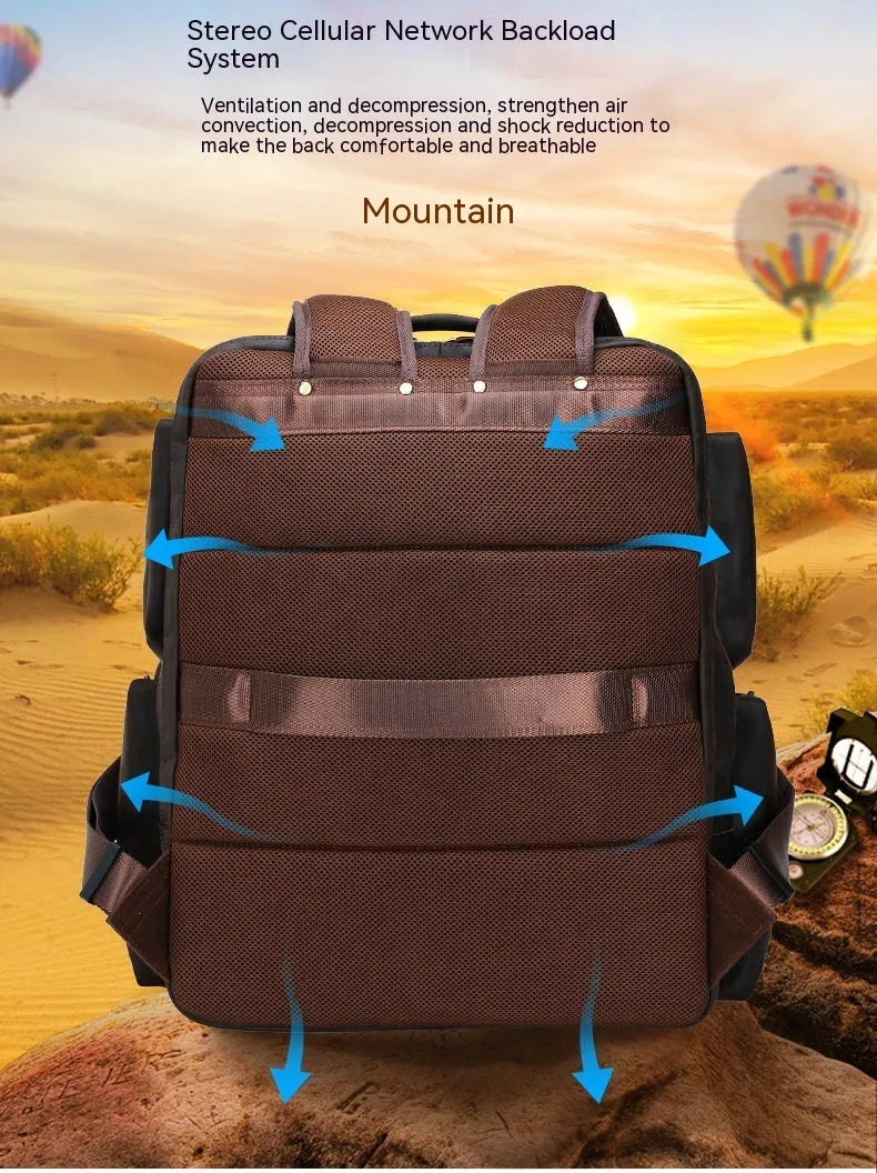Dark brown genuine leather backpack with 17-inch laptop compartment and double shoulder straps