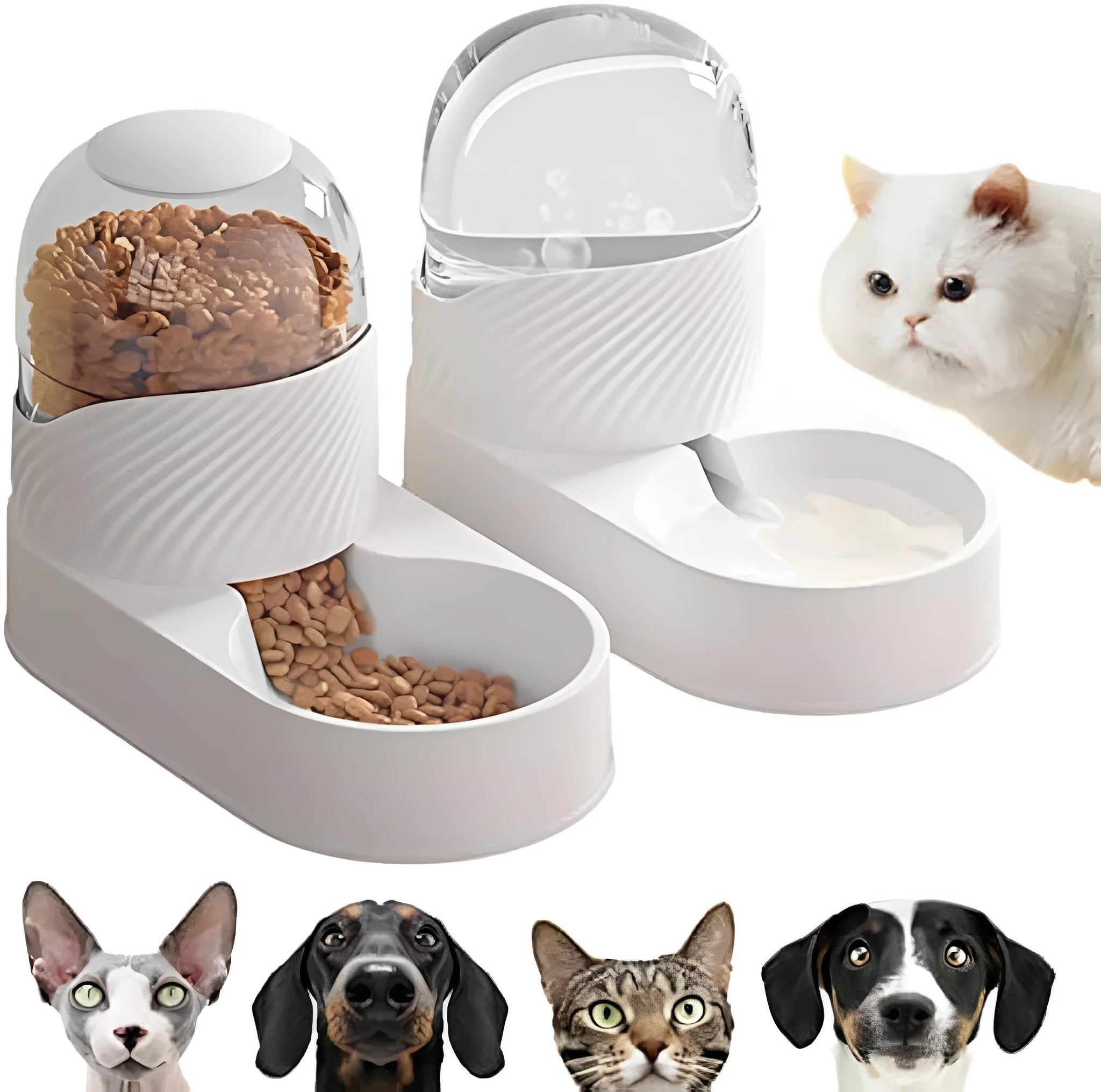 White automatic cat feeder and water dispenser set with wavy design, each bowl 33.5 cm long.