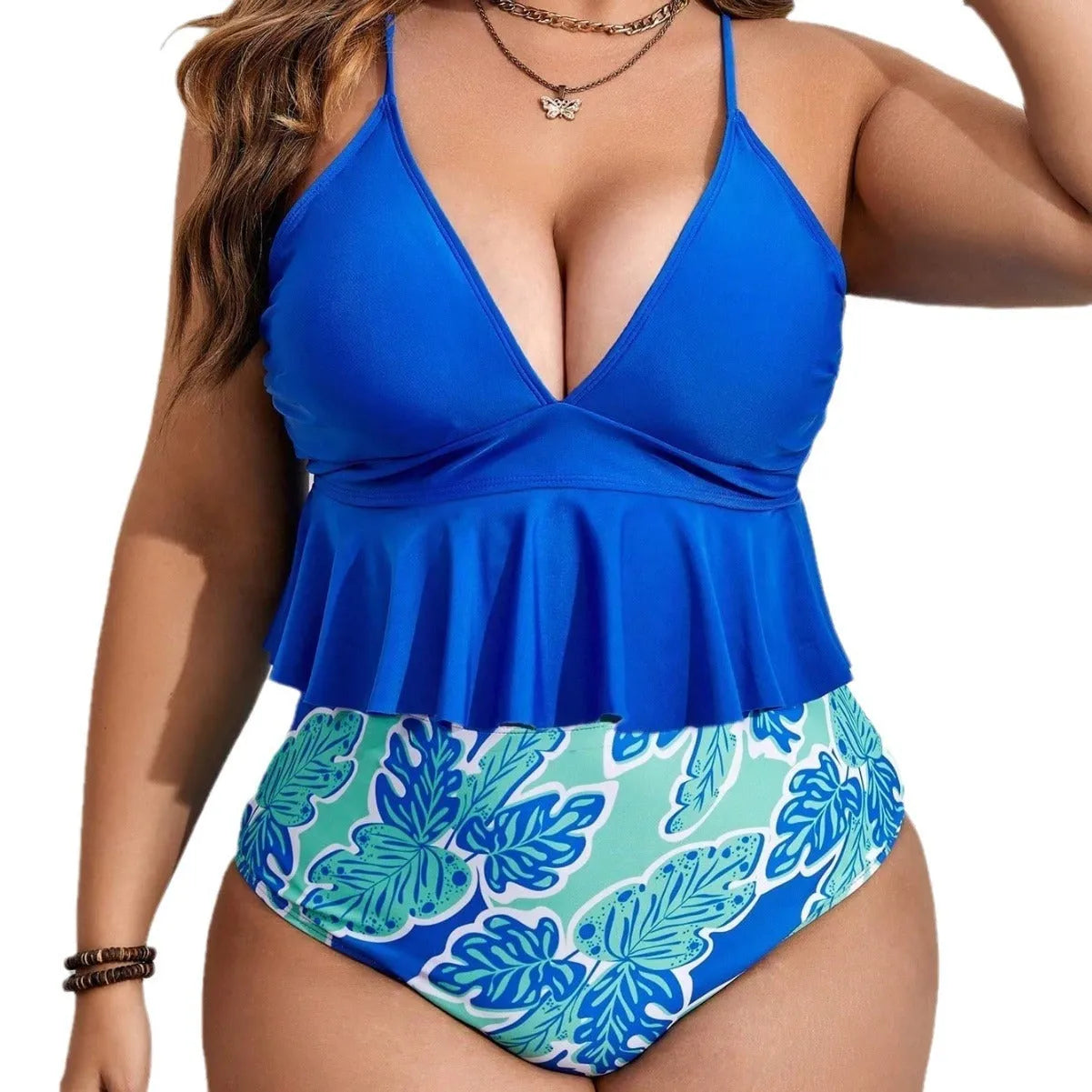Blue plus size bikini set with briefs-style shorts showing European and American sizing options 0XL to 4XL