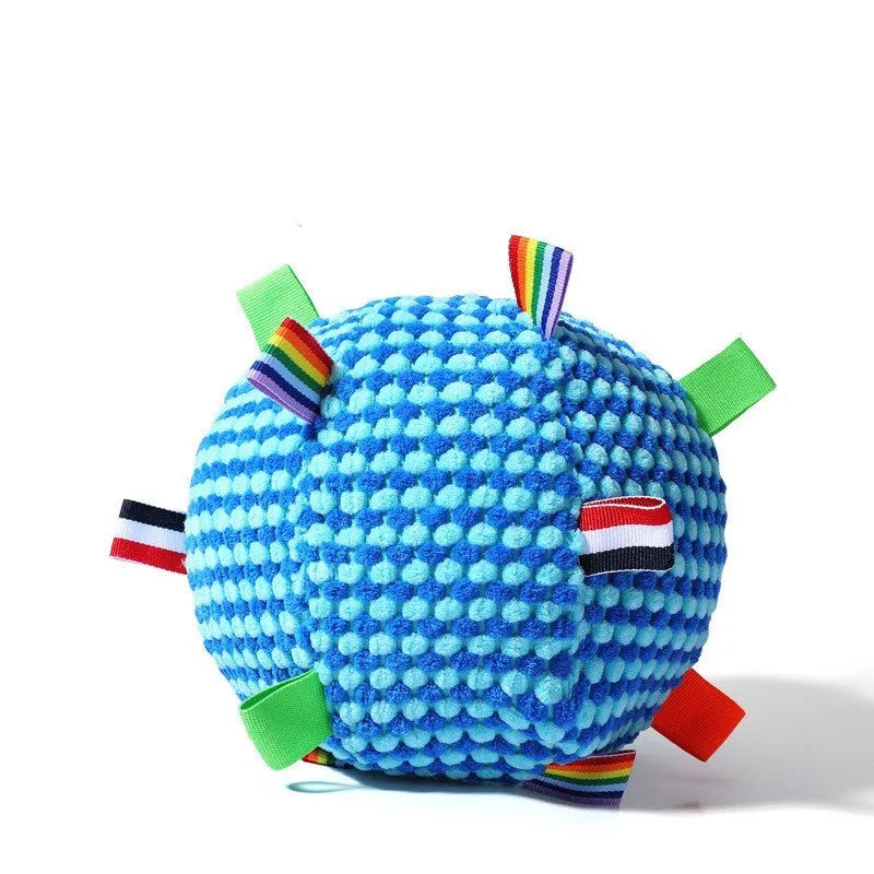 Blue vocal ball dog chew toy with rolling molar ring design and pineapple lattice texture, 17cm diameter