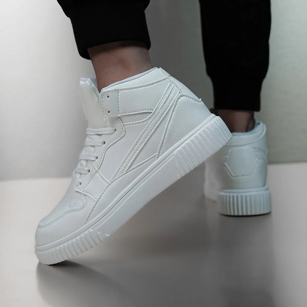 White men's round-toe casual shoes made from microfiber, shown from the side.