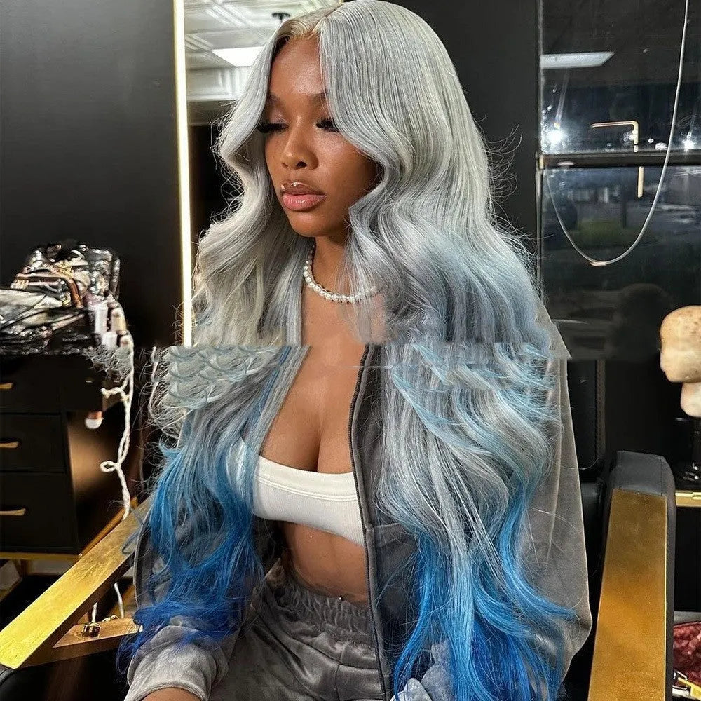 Grey-blue gradient human hair wig with lace frontal shown at medium length