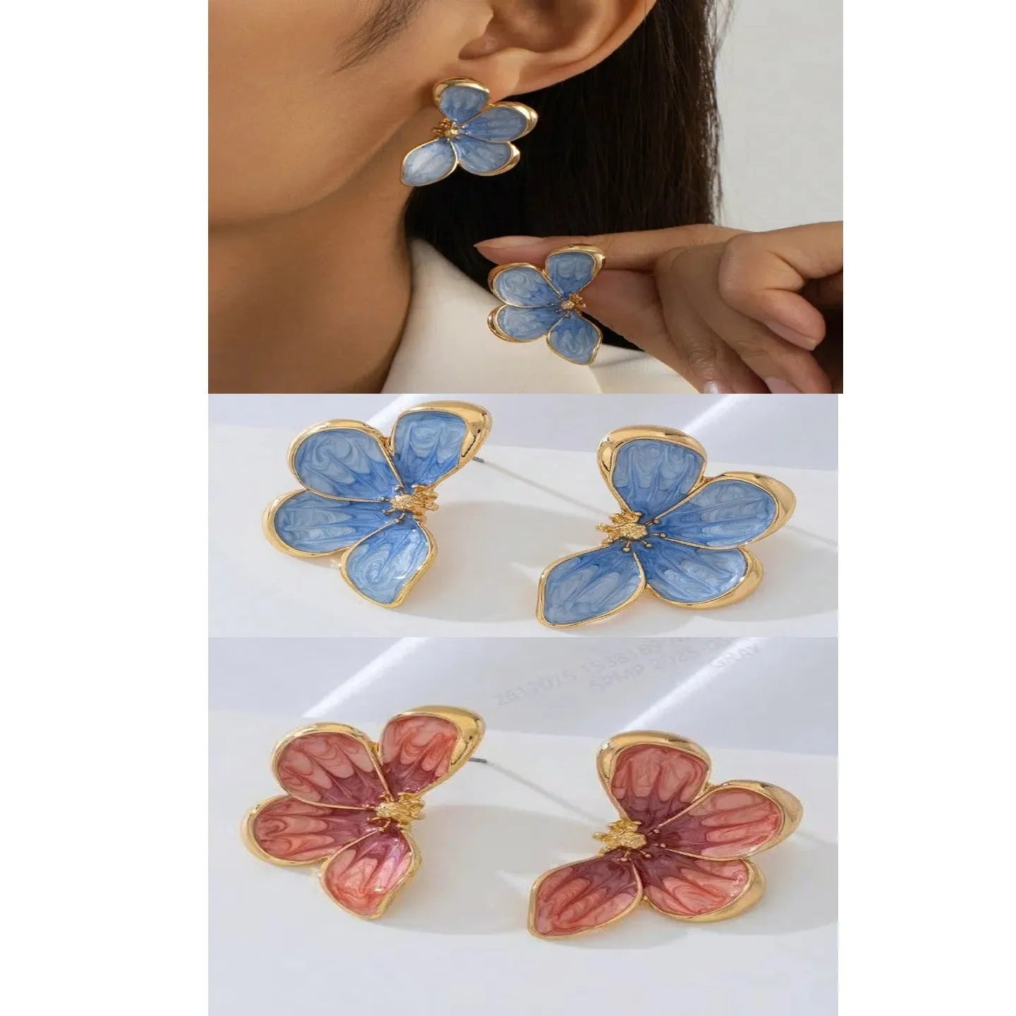 Three-dimensional flower earrings in blue and red colour options on a neutral background
