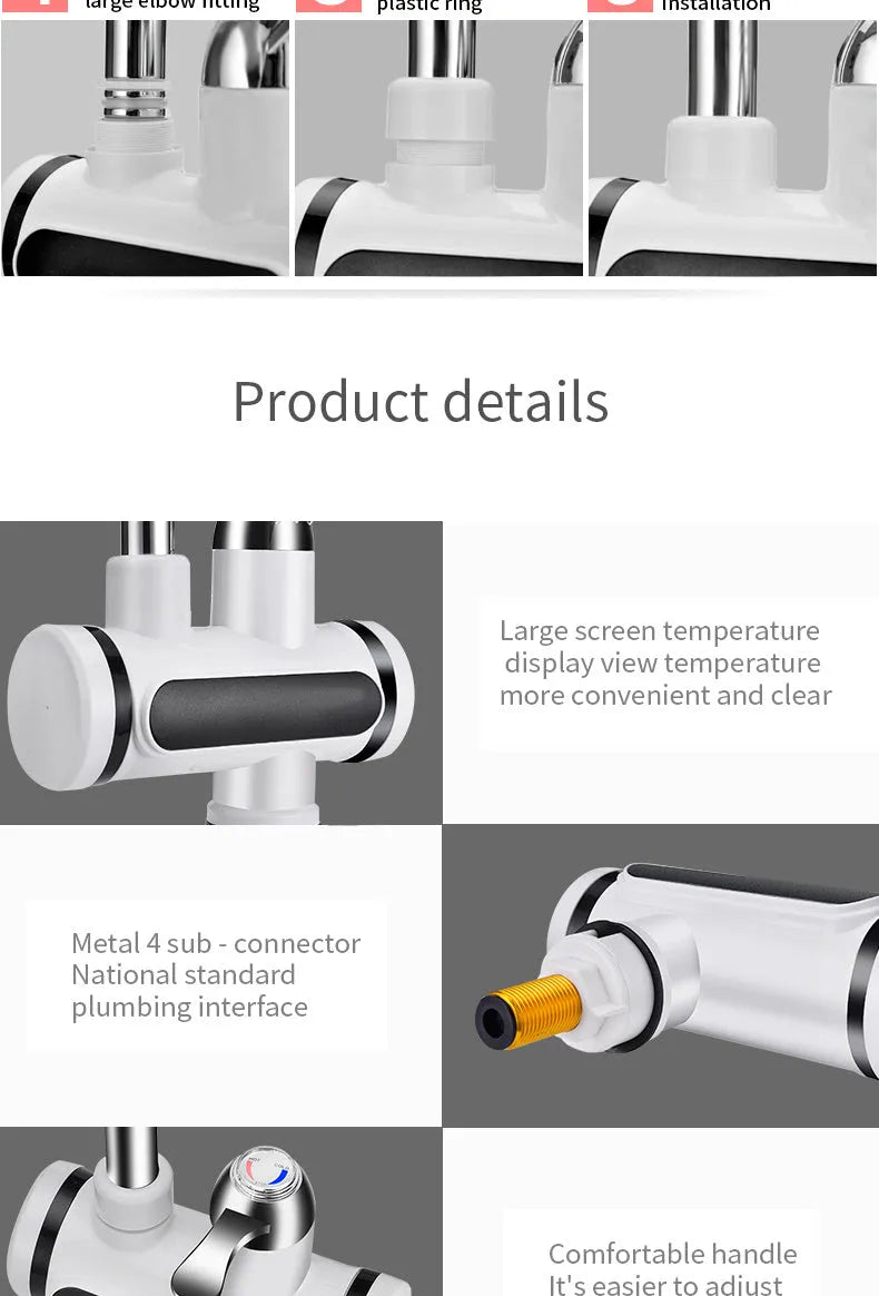 White electric instant water heater with digital temperature display for kitchen installation