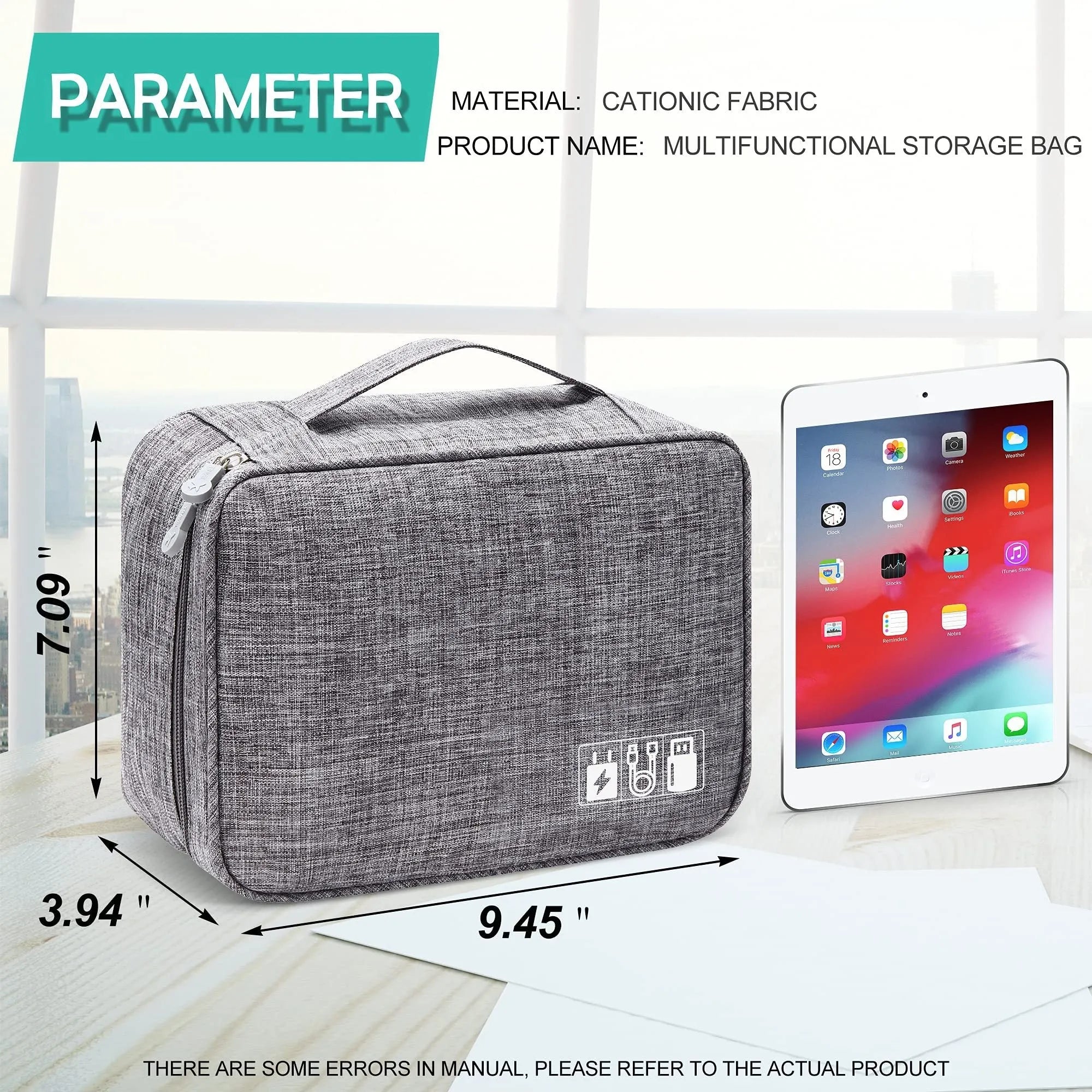 Black waterproof electronics travel organizer case open, showing mesh pockets, elastic loops and removable padded dividers.