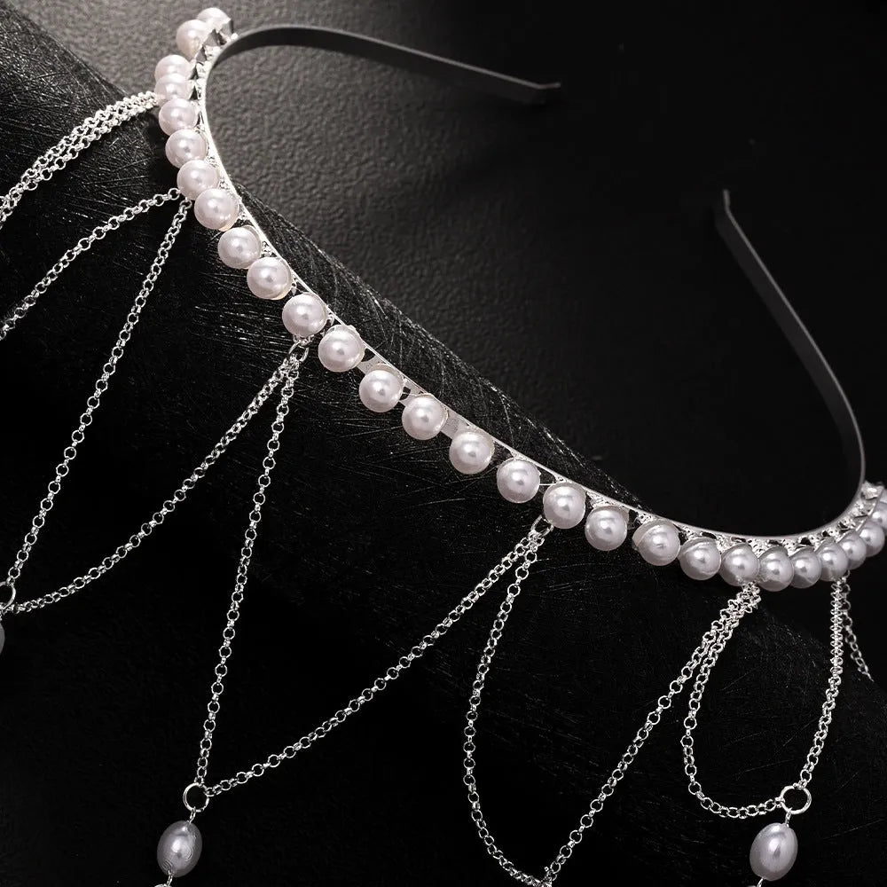 Women's mesh tassel hair chain jewellery in gold or silver with pearl details