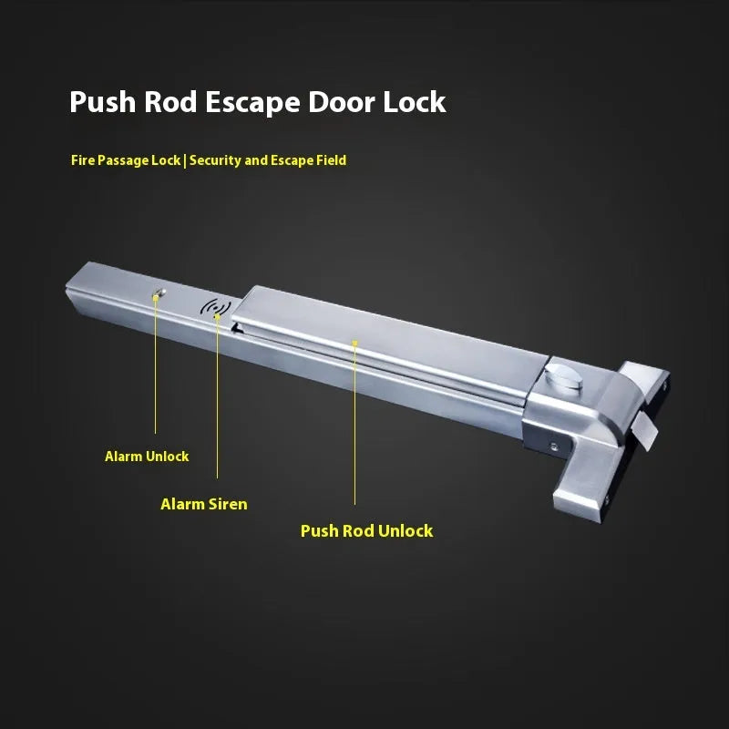 Stainless steel fire door push lock with external handle on a baked paint door