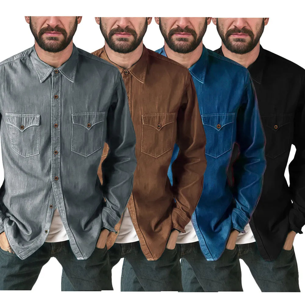 A long-line denim cardigan coat in a regular fit, shown in one of four available colours.