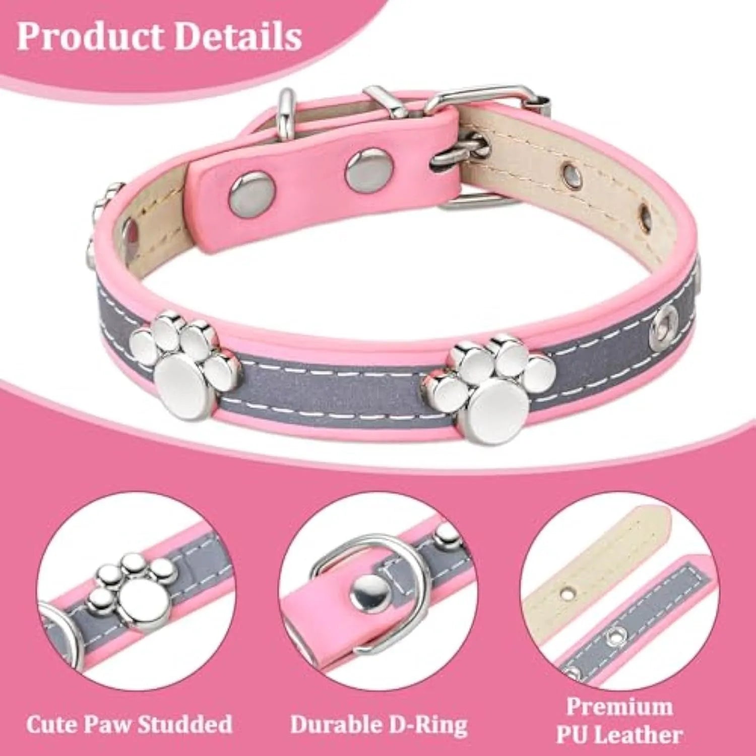 Reflective adjustable dog collar made of brown PU leather with metal paw print rivets and buckle.