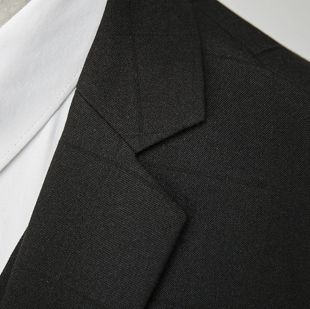 Men's navy blue three-piece slim fit plaid suit with jacket, vest, and trousers