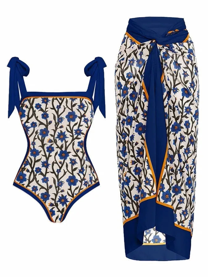 Women's printed floral two-piece swimsuit with chiffon hip skirt on hanger