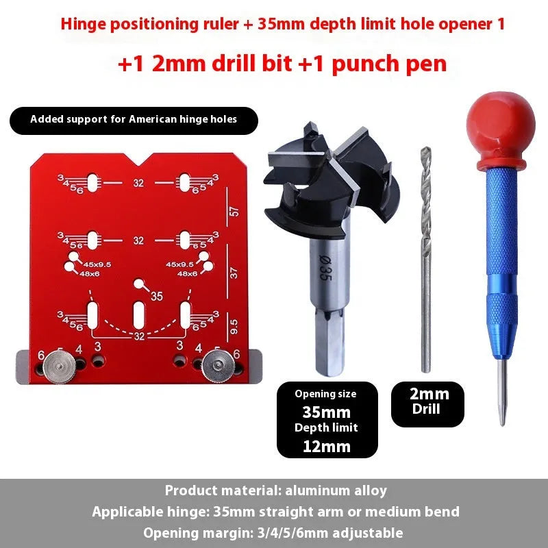 Red aluminium alloy hinge positioning ruler with adjustable margin gauge and hard alloy tapper for 35mm cabinet hinges