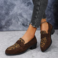 Women's leopard print slip-on pumps with pointed toe and chunky heel in brown, khaki, and pink colours