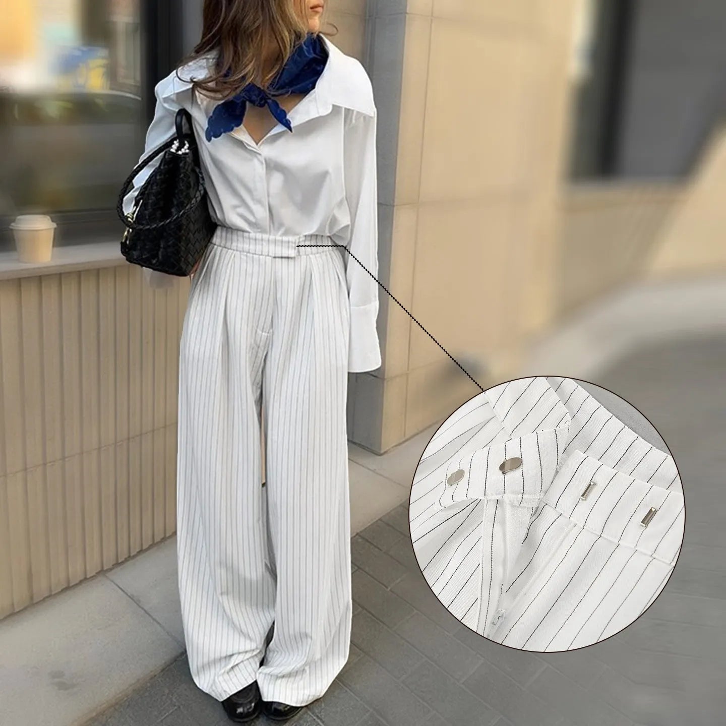Women's white striped wide-leg loose fit trousers with front zip for commuting office wear