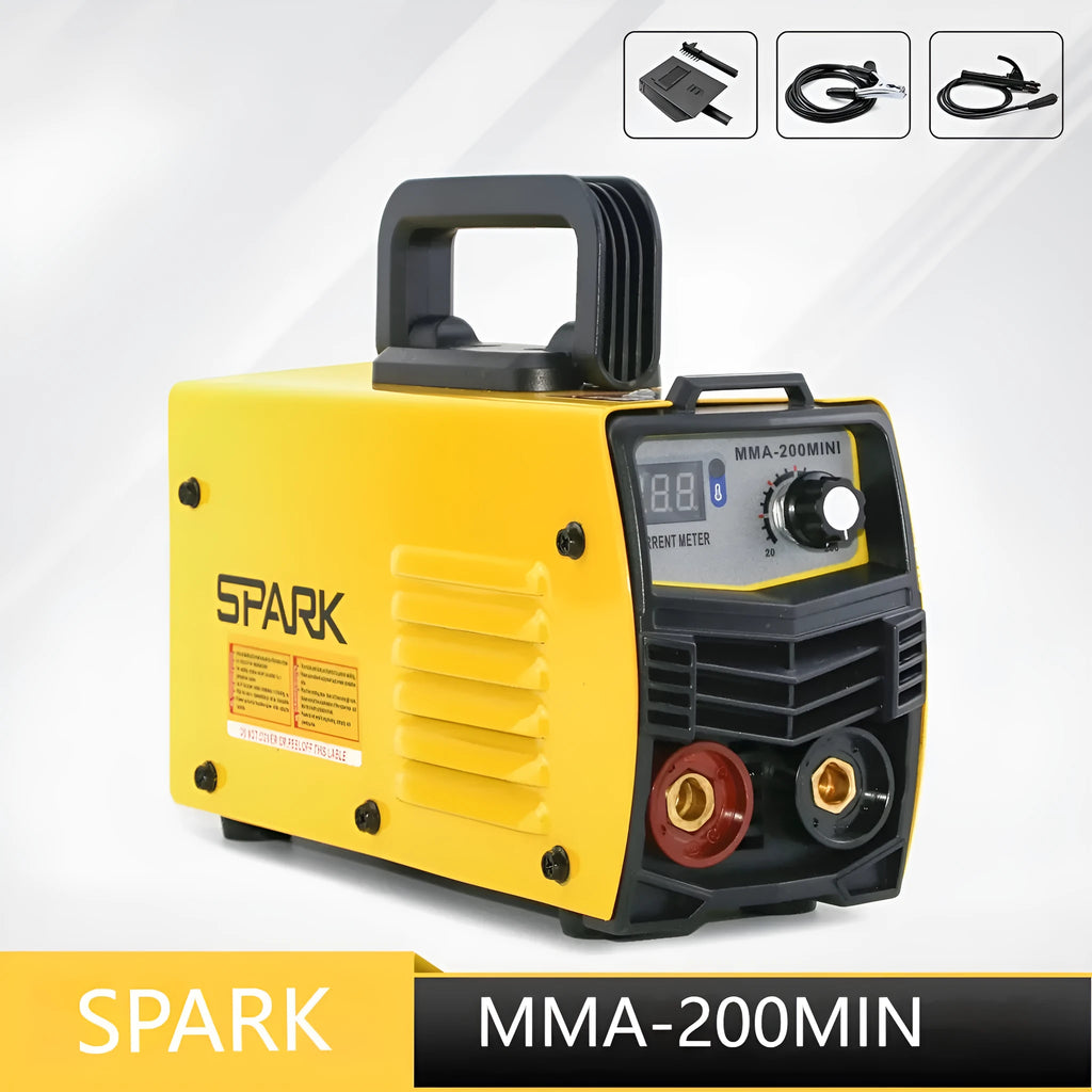 MMA-200MIN DC inverter welding machine with welding tongs, grounding clamps, face shield and brush hangers