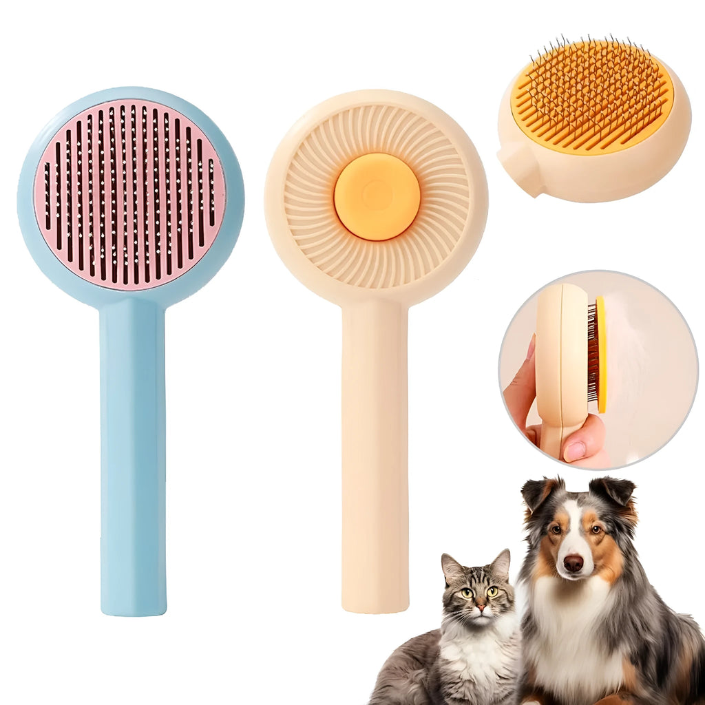 Blue and yellow pet grooming brush with metal pins and a self-cleaning button for cats and dogs.