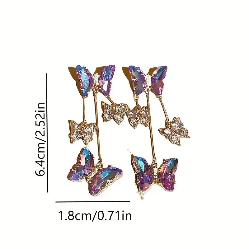 Blue purple butterfly tassel drop earrings with silver needle crystal flowers on electroplated alloy