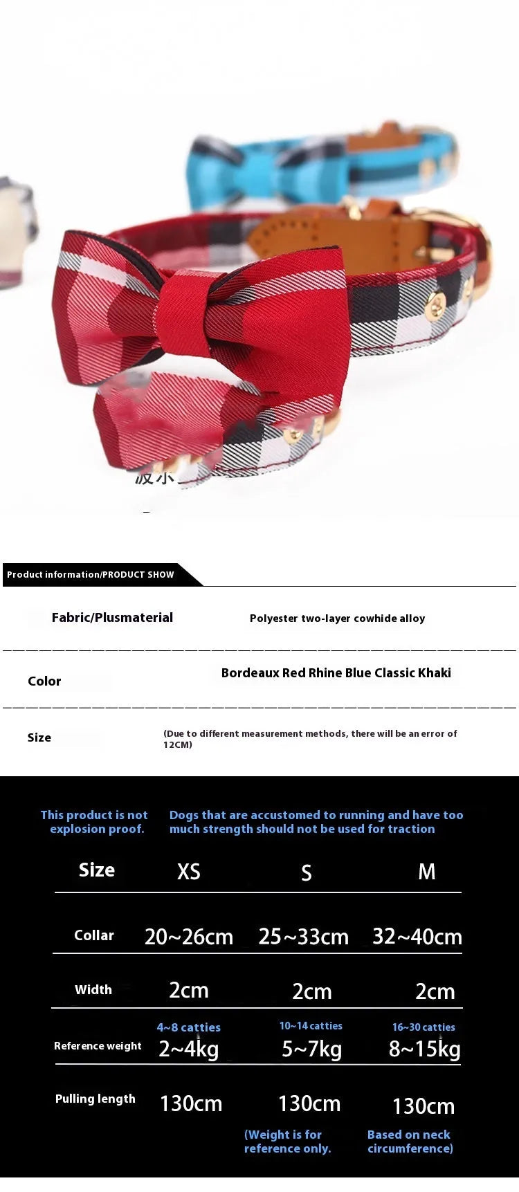 Leather stitching drawable mesh bow pet tie collar for small to medium dogs in classic khaki, Bordeaux red, Rhine blue