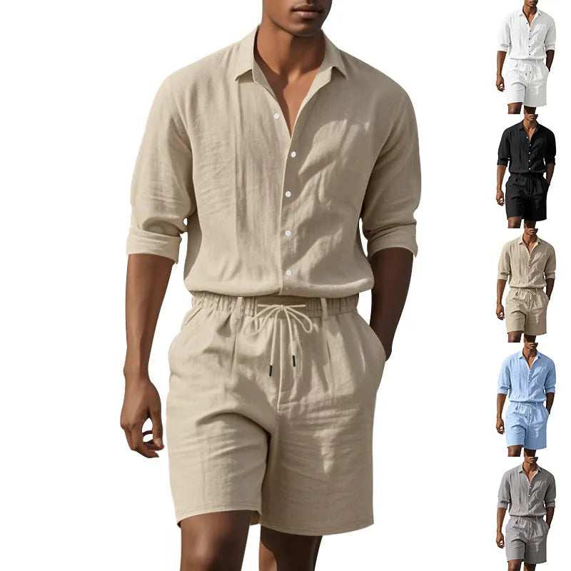 Men's linen beach suit set showing long sleeve shirt and matching shorts in available colours
