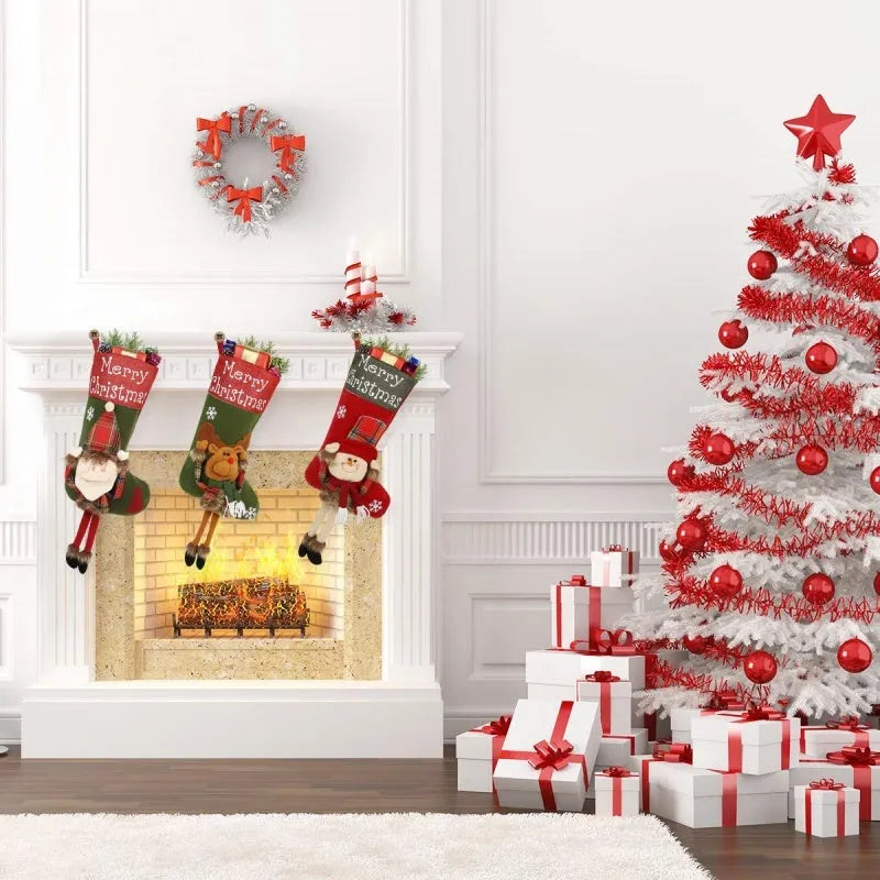 Set of three large Christmas stockings with Santa, Snowman, and Reindeer 3D designs hanging on a fireplace