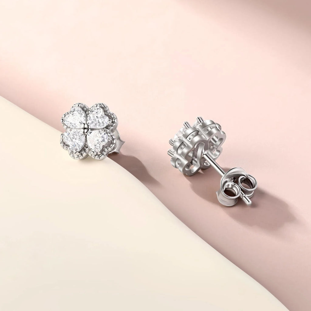 925 silver heart-shaped earrings with four-leaf clover design and zircon stones