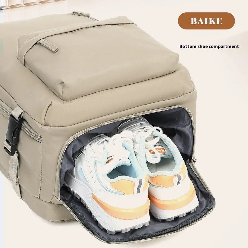 Large waterproof oxford cloth travel backpack with curved shoulder straps in light grey colour