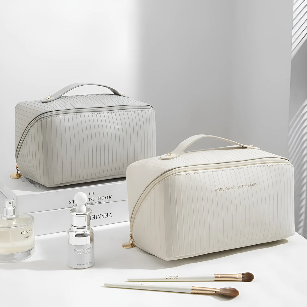 Vertical pattern cubic makeup bag in PU material with 22.5cm height for travel storage