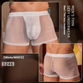 Men's black and white ultra-thin nylon boxer briefs laid flat, showing free size label.