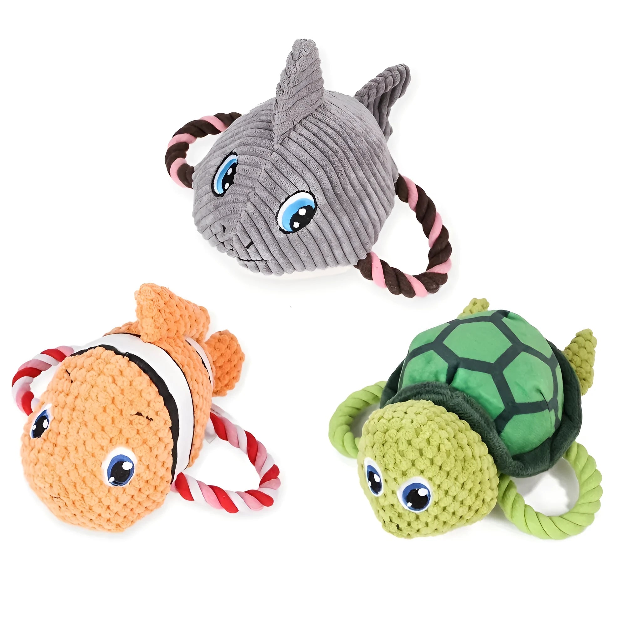 Grey turtle-shaped plush dog toy with four knotted rope legs on a wooden floor.