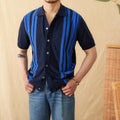 Men's striped short-sleeved cardigan polo shirt with lapel collar in cotton blend fabric