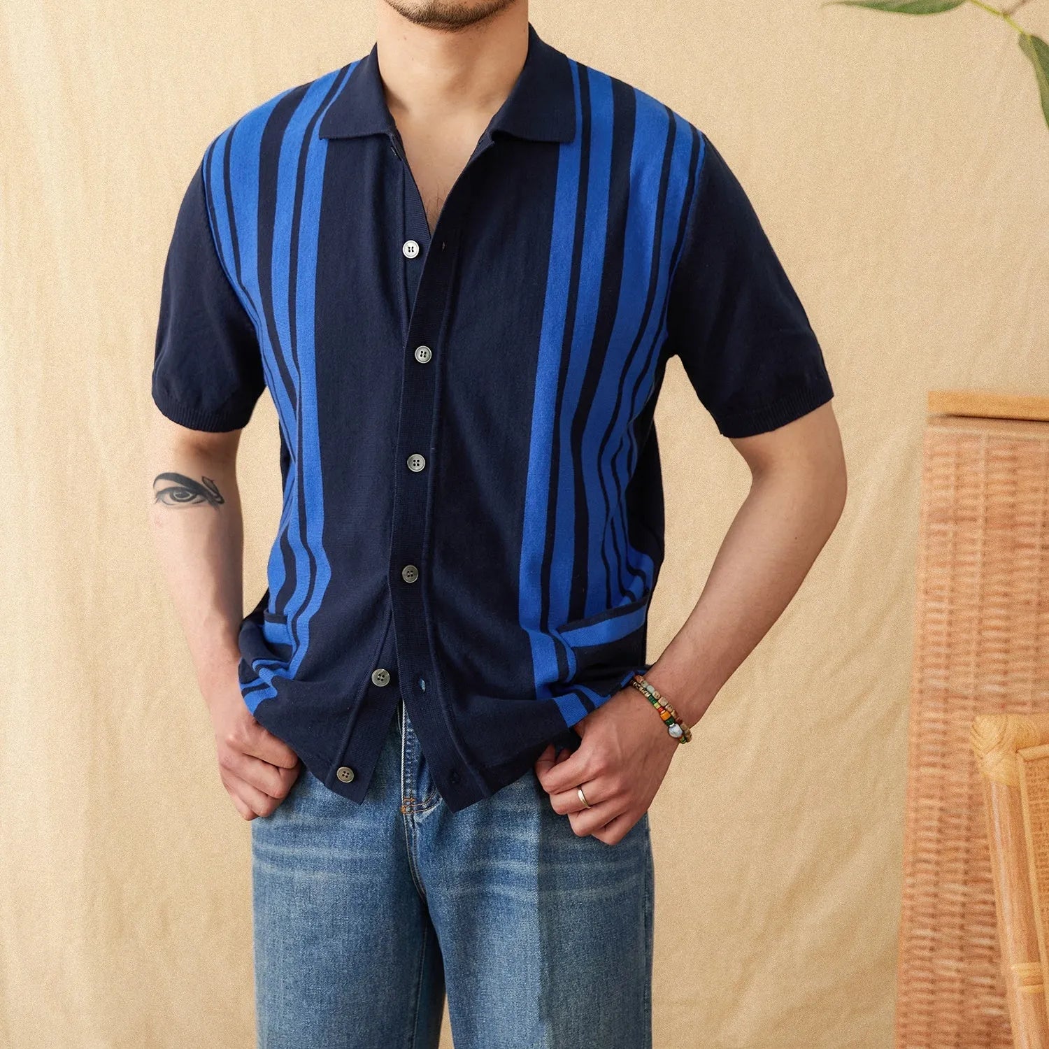 Men's striped short-sleeved cardigan polo shirt with lapel collar in cotton blend fabric
