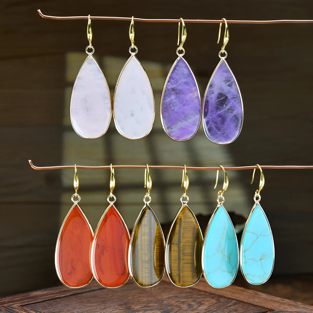 Vintage long water drop stone earrings in five colour options with textured surface