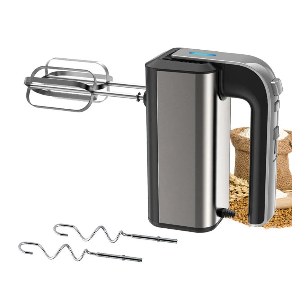 Silver handheld electric whisk with stainless steel beaters and five-speed control dial.