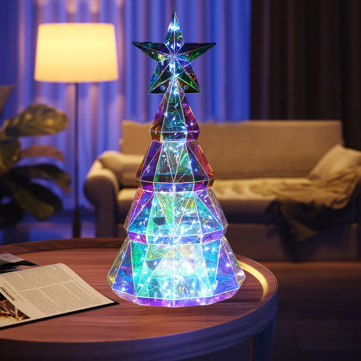 Colourful luminous Christmas tree decoration with LED lights measuring 14.5 by 4.8 by 20 centimetres