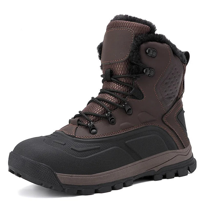 Men's black high-top lace-up boots with fleece lining, shown on a size chart from 39 to 48