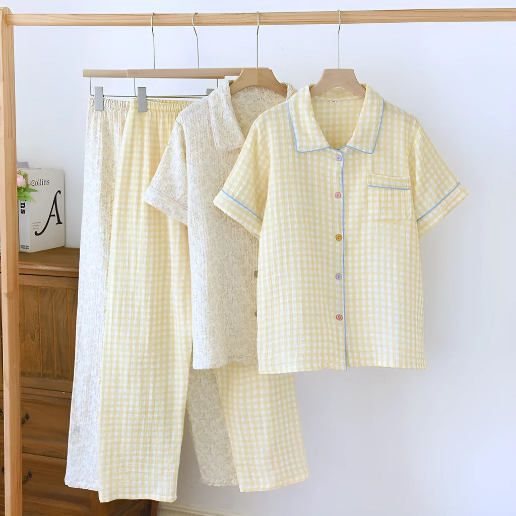 Loose washed cotton double-layer gauze short-sleeved trousers set in Flower Sea or Yellow Plaid pattern for summer casual wear
