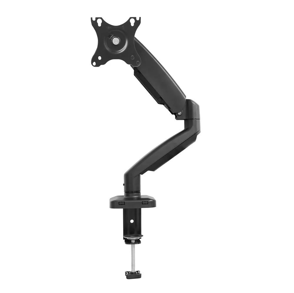 Black rotating telescopic LCD screen bracket elevated on table with monitor