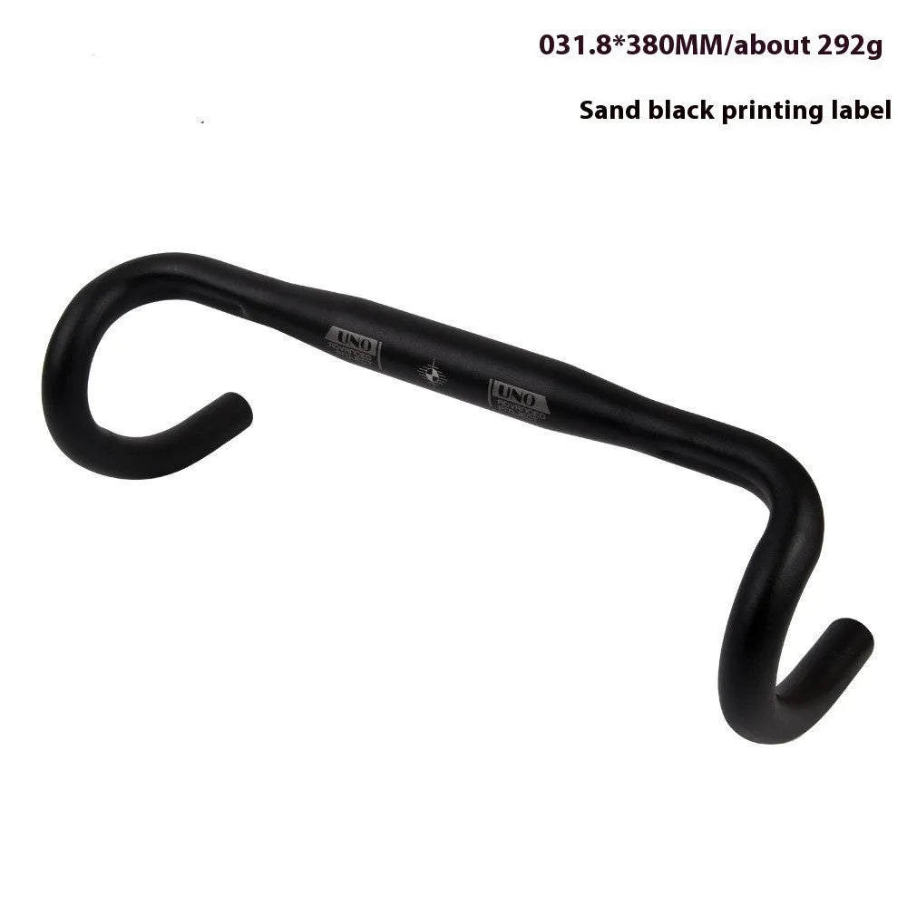 Black aluminium alloy road bike bent handlebar shown with four width size options: 380mm, 400mm, 420mm, and 440mm.