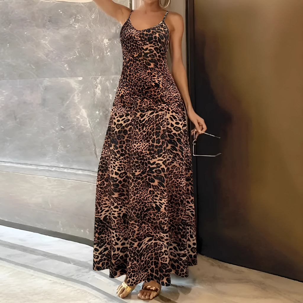 Dark brown leopard print sleeveless dress with round neck and shoulder strap detail